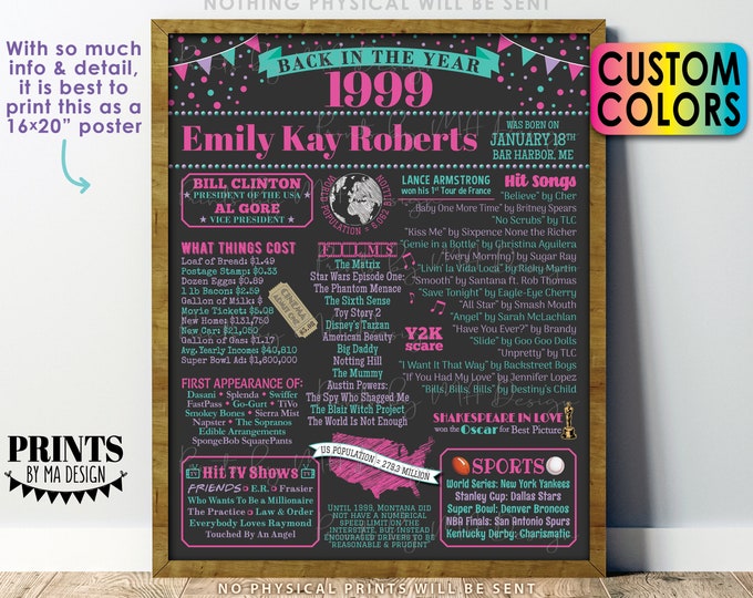 Back in the Year 1999 Birthday Sign, Flashback to 1999 Poster Board, 1999 Birthday Gift, Custom PRINTABLE 16x20” B-day Decoration