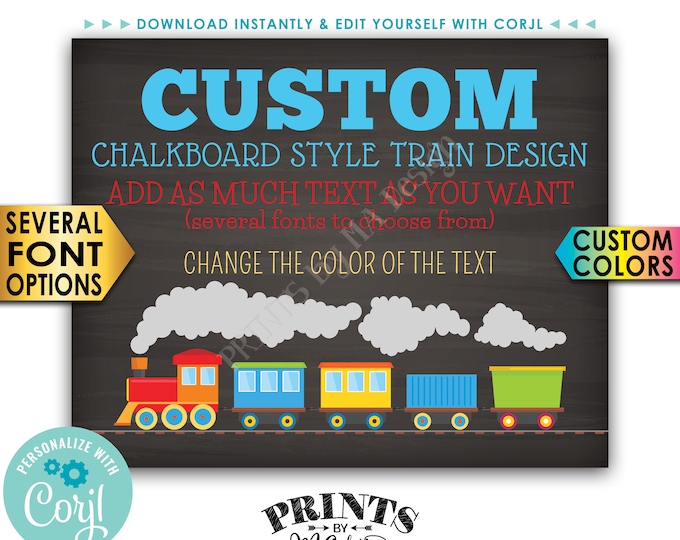 Custom Train Sign, Railroad Birthday Party, Choose Your Text PRINTABLE 16x20” Chalkboard Style Landscape Sign <Edit Yourself with Corjl>