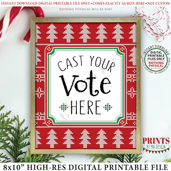 Cast Your Vote Here Ugly Christmas Sweater Voting Sign, Ugliest, Most Festive, Tackiest Tacky, Xmas Trees, Red, PRINTABLE 8x10” Sign <ID>