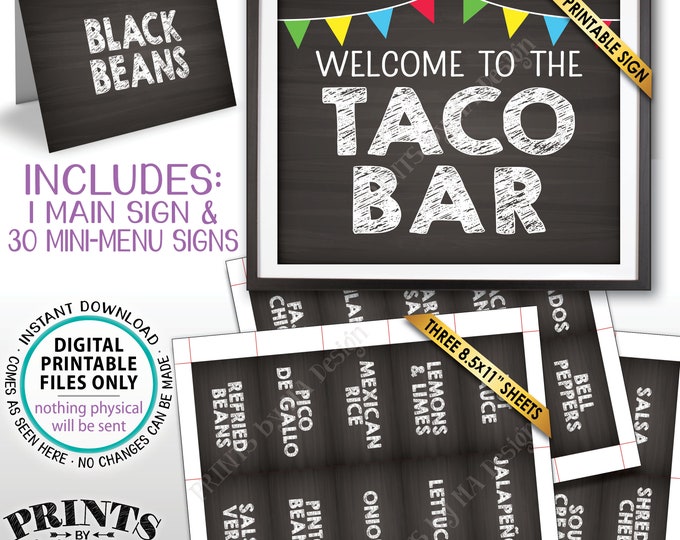 Taco Bar Sign and Labels, Build Your Own Taco Station, Taco Buffet, Mexican Bar, Chalkboard Style PRINTABLE 8x10" Sign & 2x3.5" Labels <ID>