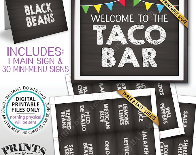 Taco Bar Sign and Labels, Build Your Own Taco Station, Taco Buffet, Mexican Bar, Chalkboard Style PRINTABLE 8x10" Sign & 2x3.5" Labels <ID>