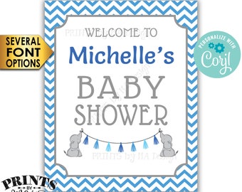 Elephant Baby Shower Welcome Sign, PRINTABLE 16x20” Baby Shower Sign,  It's a Boy Blue Chevron <Edit Yourself with Corjl>