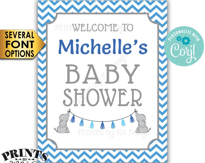 Elephant Baby Shower Welcome Sign, PRINTABLE 16x20” Baby Shower Sign,  It's a Boy Blue Chevron <Edit Yourself with Corjl>