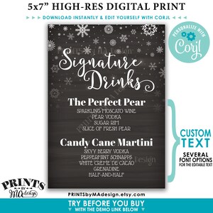 Signature Drinks Sign, Christmas Party Cocktails, PRINTABLE 5x7” Chalkboard Style Bar Sign, Snowflakes, Holiday &lt;Edit Yourself wtih Corjl&gt;