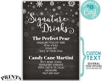 Signature Drinks Sign, Christmas Party Cocktails, PRINTABLE 5x7” Chalkboard Style Bar Sign, Snowflakes, Holiday <Edit Yourself wtih Corjl>