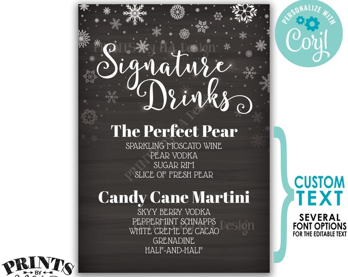 Signature Drinks Sign, Christmas Party Cocktails, PRINTABLE 5x7” Chalkboard Style Bar Sign, Snowflakes, Holiday <Edit Yourself wtih Corjl>