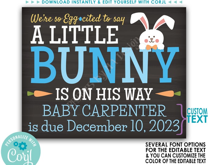 Easter Gender Reveal Pregnancy Announcement, A Little Bunny is on His Way, Custom PRINTABLE Baby Boy Reveal Sign <Edit Yourself with Corjl>