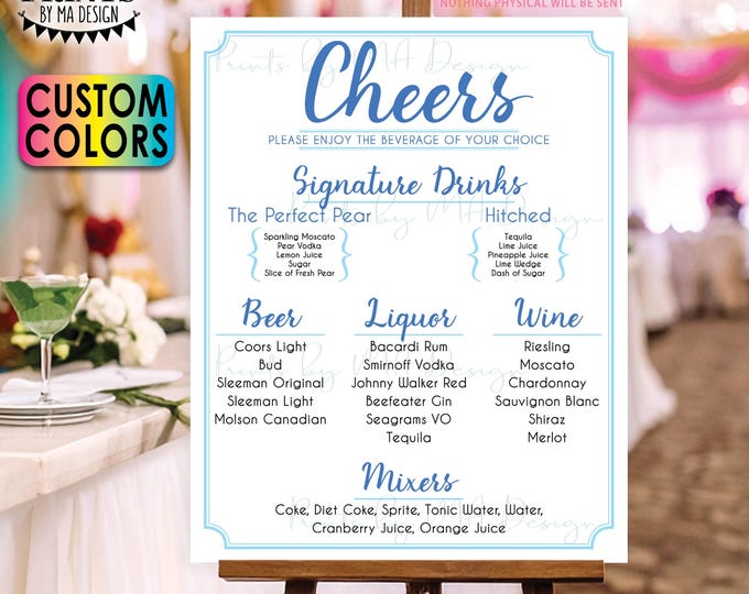 Cheers Bar Menu Sign, Alcohol Drink Selection, Custom PRINTABLE 8x10/16x20” Bar Display, 2 Signature Drink Options