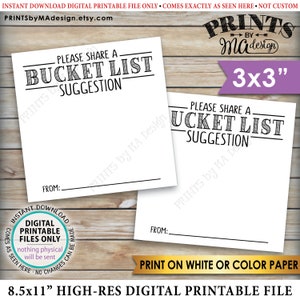 Suggestiekaarten voor bucketlist, suggestie voor een bucketlist, pensioenfeest verjaardag afstuderen, kaarten van 3 inch op AFDRUKBAAR vel van 8,5 x 11 inch <ID>