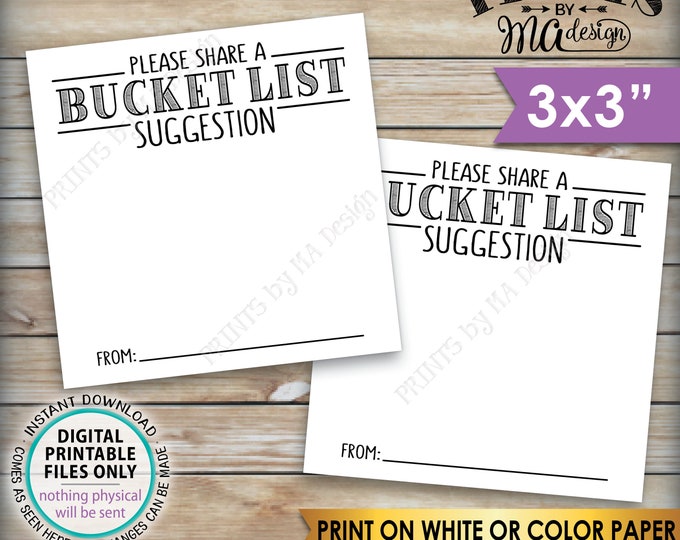 Bucket List Suggestion Cards, Share a Bucket List Suggestion, Retirement Party Birthday Graduation, 3" cards on PRINTABLE 8.5x11" Sheet <ID>