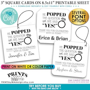 Puede incluir: Cartas cuadradas imprimibles de 7,6 cm con el texto "Él hizo la pregunta y ella dijo "¡SÍ!" con un gráfico de anillo de diamantes. Las tarjetas están diseñadas para una celebración de boda o compromiso e incluyen el texto "¡Gracias por celebrar con nosotros hoy!" y espacio para nombres. El texto "Imprime en papel blanco o de color" también está incluido.