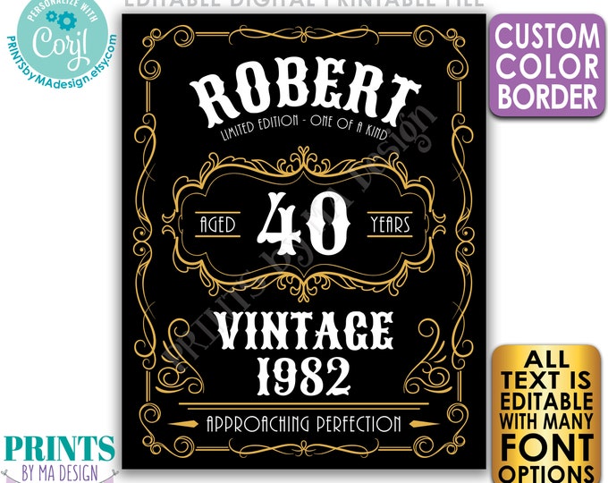 Vintage Birthday Sign, Better with Age Liquor Themed Party, Custom Text & Border Color, PRINTABLE 8x10/16x20” Sign <Edit Yourself w/Corjl>