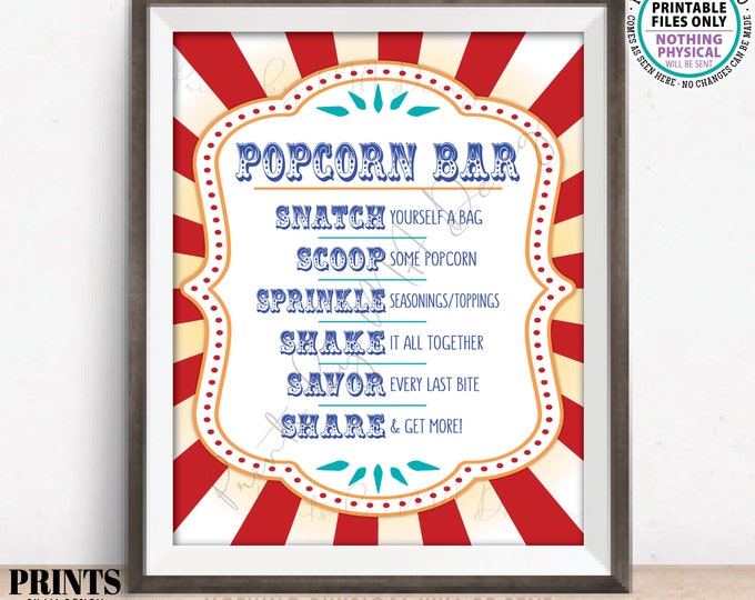 Carnival Popcorn Bar Sign, Popcorn Toppings, Directions, Circus Festival, Birthday, Graduation, Retirement, PRINTABLE 8x10/16x20” Sign <ID>