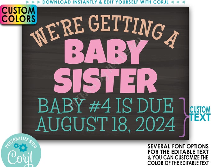 We're Getting a Baby Sister Pregnancy Announcement, PRINTABLE 8x10/16x20” Chalkboard Style Baby Girl Reveal Sign <Edit Yourself with Corjl>