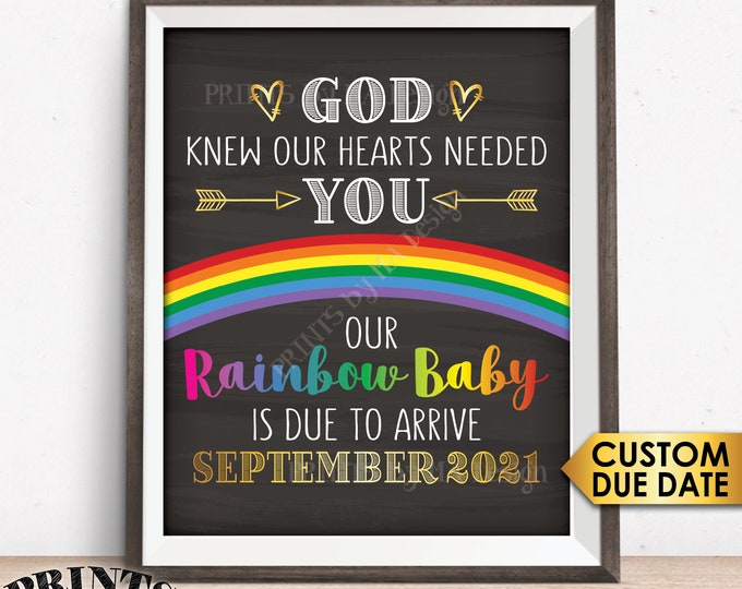 Rainbow Baby Pregnancy Announcement, God Knew Our Hearts Needed You, Chalkboard Style PRINTABLE 8x10/16x20” Baby Reveal Sign