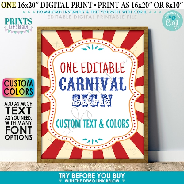 Custom Carnival Sign, Carnival Theme Party Sign, Circus Birthday Party, One PRINTABLE 8x10/16x20” Sign <Edit Yourself with Corjl>