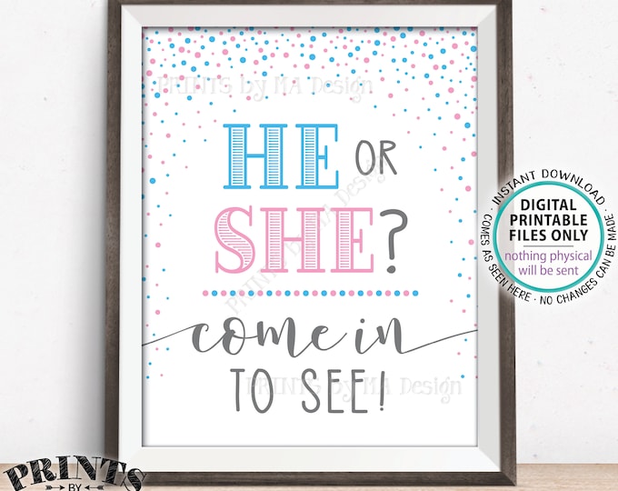 Gender Reveal Party Sign, He or She Come In to See, PRINTABLE 8x10/16x20 Gender Reveal Sign, Pink & Blue Confetti <ID>