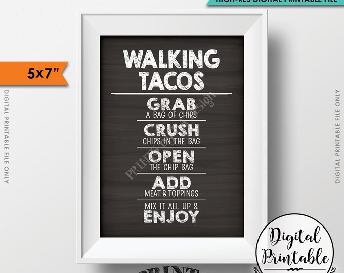 Walking Tacos Sign, Taco Bar, Fiesta Cinco de Mayo Sweet Sixteen Birthday, 5x7” Chalkboard Style Instant Download Digital Printable