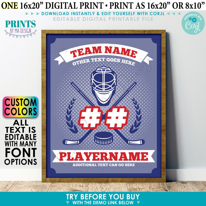 Custom Hockey Player Sign, Editable Tournament Hotel Door Sign, One PRINTABLE 8x10/16x20” Sign <Edit Yourself w/Corjl> image 1