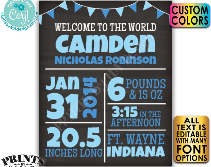 Editable Newborn Stats, Birth Announcement, New Baby Nursery Wall Art, Chalkboard Style PRINTABLE 8x10/16x20” Sign <Edit Yourself w/Corjl>