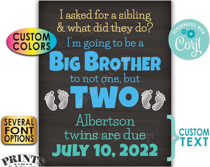 I'm Going to be a Big Brother to Twins Pregnancy Announcement, PRINTABLE 8x10/16x20” Chalkboard Style Twins Sign <Edit Yourself with Corjl>