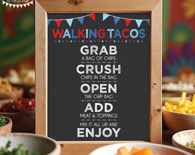 Walking Tacos Sign, Mexican Fiesta Taco Bar, Patriotic 4th of July Party, PRINTABLE 8x10/16x20” Sign, Stars, Red White Blue, Dark Gray <ID>