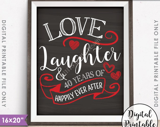 40th Anniversary Gift, Love Laughter Happily Ever After 40 Years of Marriage, Ruby, Instant Download 8x10/16x20” Chalkboard Style Printable