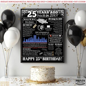 25th Birthday Poster Board, Black & Silver Born in the Year 2001 Flashback 25 years Ago B-day Gift, PRINTABLE 16x20” Back in 2001 Sign <ID> image 3