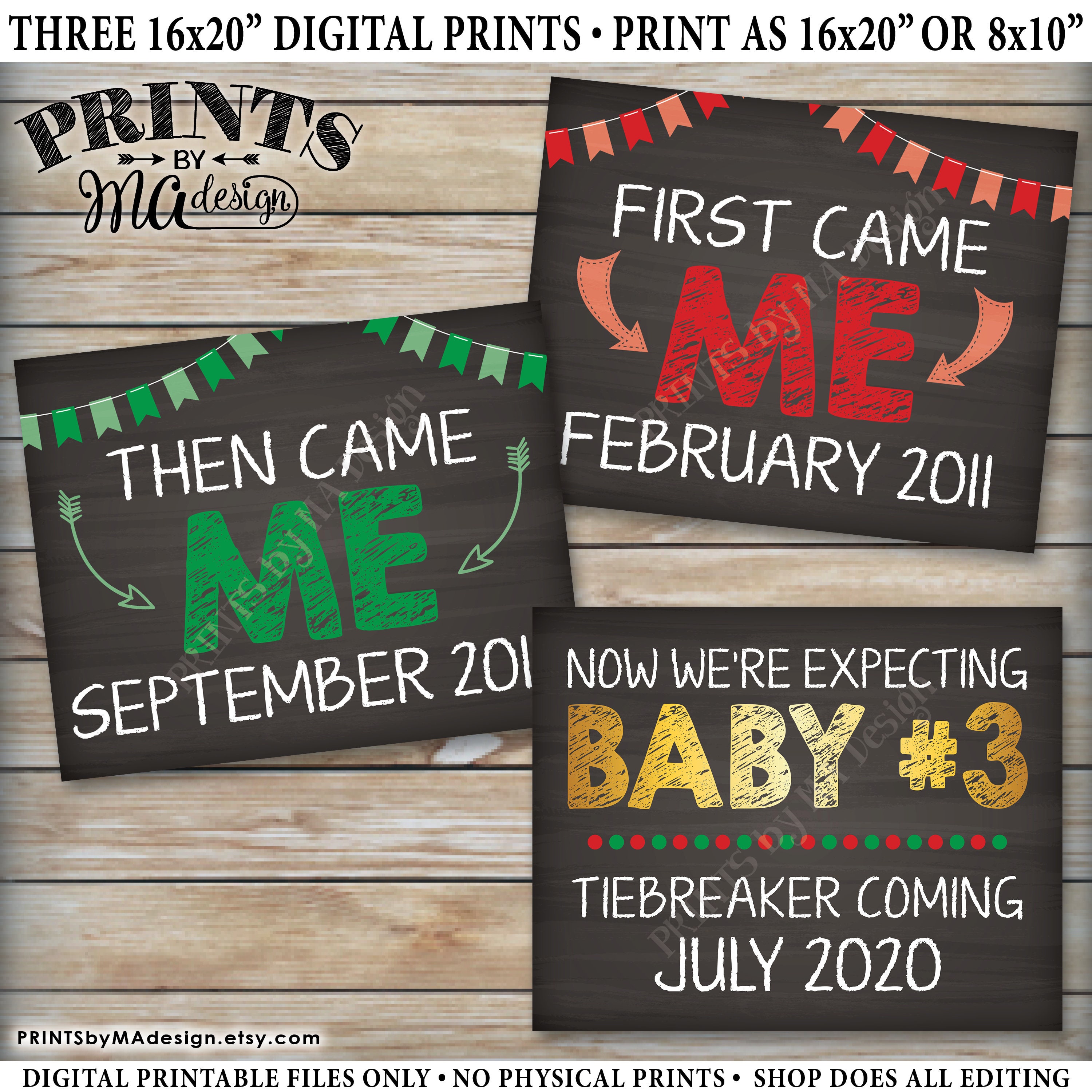 PRINTABLE Personalized Tie Breaker Baby #3 Chalkboard Pregnancy Baby  Announcement / Baby Number Three / Pink Teal / Sign / Photo Prop JPEG