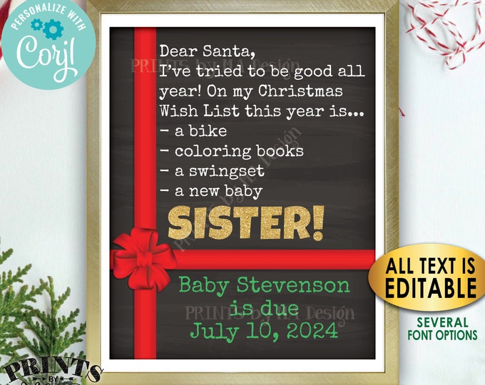 Christmas Pregnancy Announcement, Wish for Baby Brother or Sister, Custom PRINTABLE Xmas Sign, Dear Santa <Edit Yourself with Corjl>