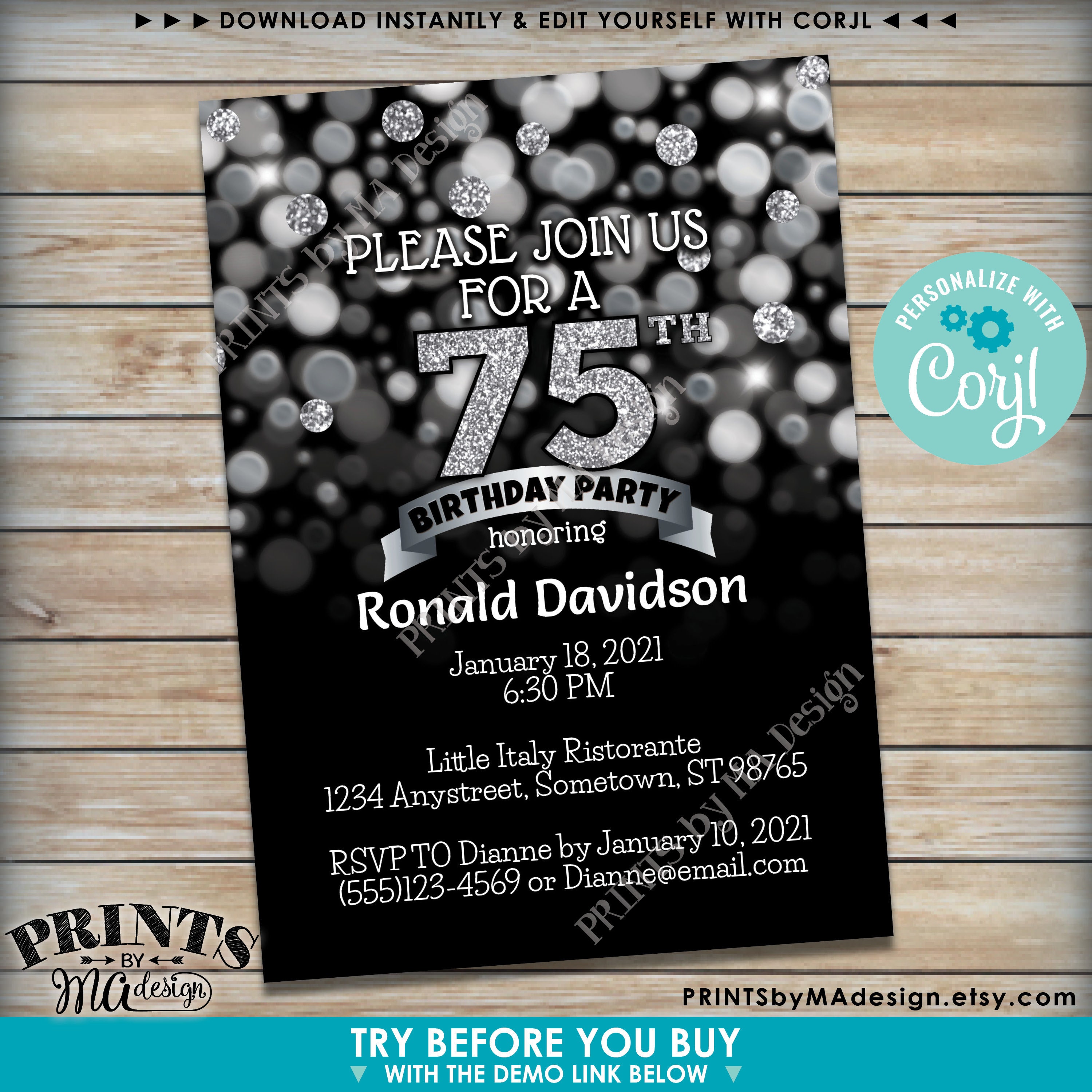 Birthday Party Invitation, Any Birthday, PRINTABLE 5x7 Black and Silver