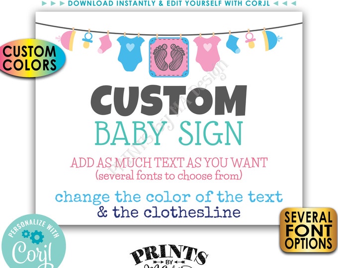 Custom Baby Sign, Baby Shower, Baby Clothesline, Choose Your Text, One PRINTABLE 8x10/16x20” Landscape Sign <Edit Yourself with Corjl>