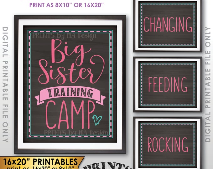 Baby #2 Pregnancy Announcement, Big Sister Training Camp Photo Props, We're Pregnant, Four Chalkboard Style PRINTABLE 8x10/16x20” Signs <ID>