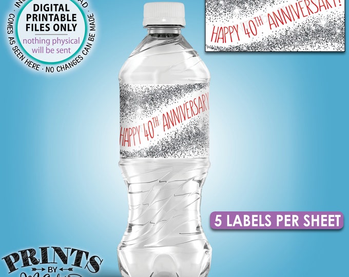 40th Anniversary Water Bottle Labels, Ruby Red & Silver Glitter Party Decor, Five Labels per 8.5x11” Sheet, Digital PRINTABLE File <ID>