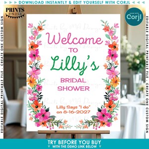 K&ouml;nnte beinhalten: Ein wei&szlig;es Schild auf einer Staffelei mit dem Text "Willkommen zu Lilly's Bridal Shower". Das Schild ist mit einem floralen Rand aus rosa, orangefarbenen und gr&uuml;nen Blumen verziert. Das Datum "8-16-2027" wird ebenfalls angezeigt.