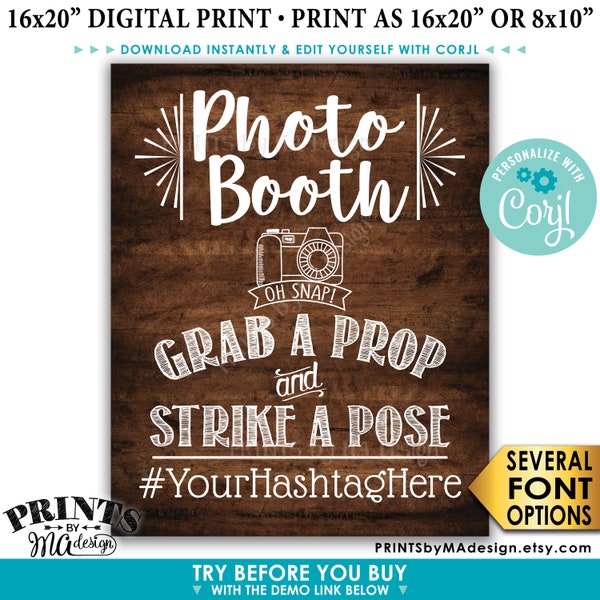 Photobooth Sign, Share on Social Media, PRINTABLE 8x10/16x20” Rustic Wood Style Hashtag Sign <Edit Yourself with Corjl>