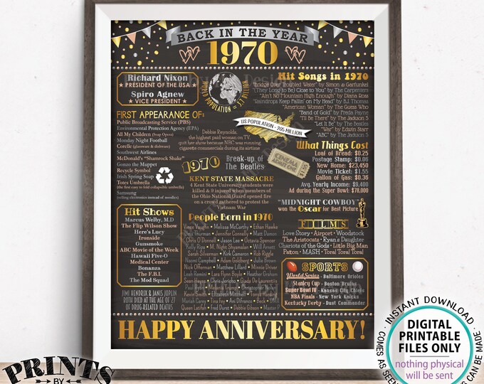 Back in 1970 Anniversary Sign, Flashback to 1970 Anniversary Decor, Anniversary Gift, PRINTABLE 16x20” Poster Board <ID>