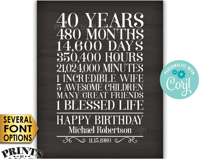 40th Birthday Gift for a Man, 40 Years, One Blessed Life, Custom PRINTABLE 8x10/16x20” Chalkboard Style Sign <Edit Yourself with Corjl>