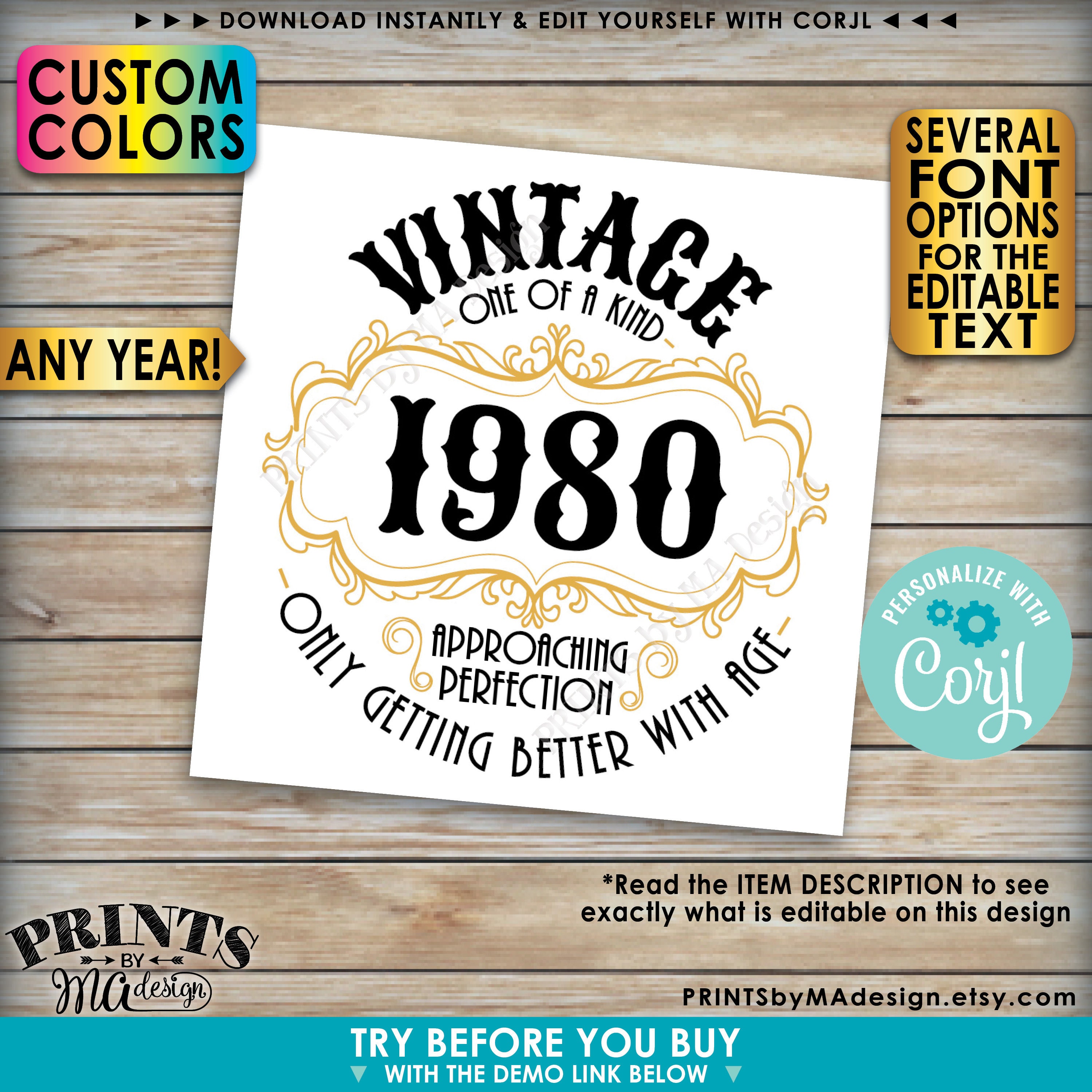 Vintage Birthday Better with Age Cupcake Toppers, Custom Year & Colors ...