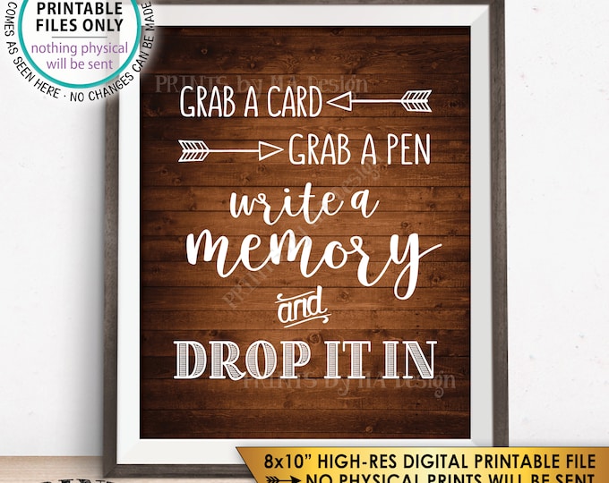 Write a Memory, Grab a Card Grab a Pen Drop it In, Birthday, Graduation, Retirement, Bon Voyage, Rustic Wood Style PRINTABLE 8x10” Sign <ID>