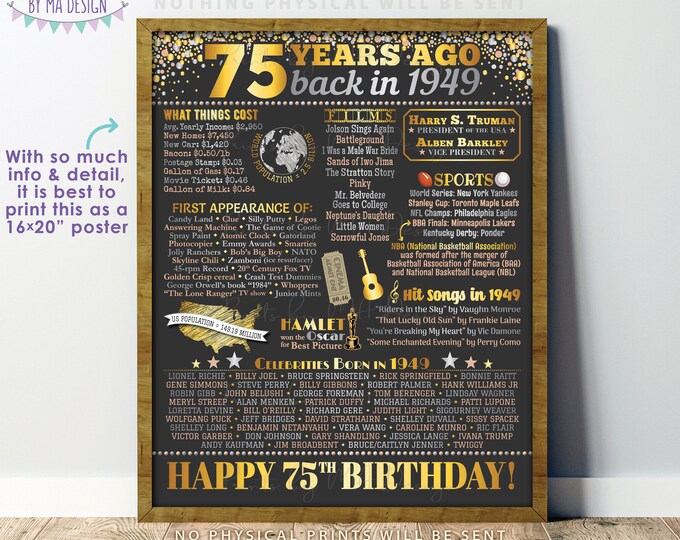 75th Birthday Poster Board, Born in the Year 1949 Flashback 75 Years Ago B-day Gift, PRINTABLE 16x20” Back in 1949 Sign <ID>