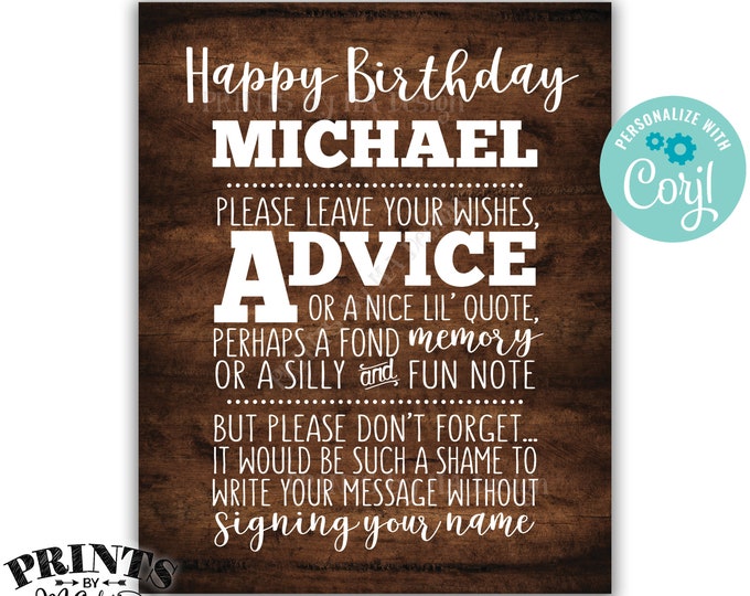 Please Leave Your Advice Wish Memory Message, Birthday Party PRINTABLE 8x10” Rustic Wood Style B-day Sign <Edit Yourself with Corjl>
