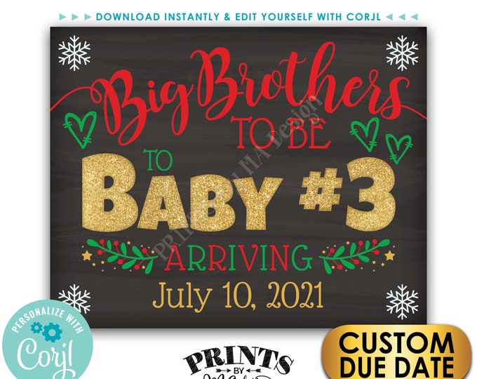 Baby #3 Christmas Pregnancy Announcement, Big Brothers to 3rd Child, PRINTABLE Chalkboard Style Baby Number 3 Sign <Edit Yourself w/Corjl>