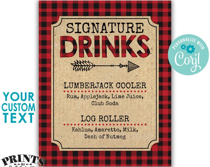 Lumberjack Signature Drinks Sign, Christmas Party Cocktails, Checker Buffalo Plaid, PRINTABLE 8x10/16x20” Sign <Edit Yourself with Corjl>