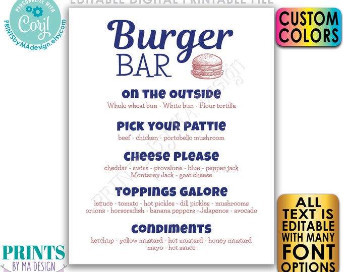 Editable Burger Sign, Custom Burger Bar Menu, Build Yourself a Burger Slider, PRINTABLE 8x10/16x20” Burger Sign <Edit Yourself w/Corjl>