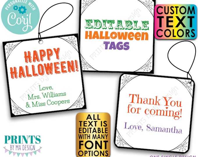 Editable Halloween Tags, Spooky Spider Webs, Creepy Cards or Labels, 3" Square Cards, Digital PRINTABLE 8.5x11" File <Edit Yourself w/Corjl>