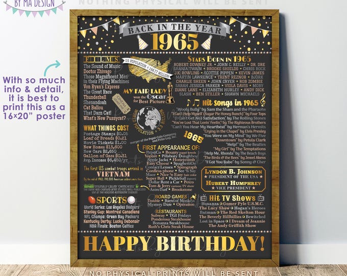 1965 Birthday Flashback Poster, Back in the Year 1965 Birthday Decoration, ‘65 B-day Gift, PRINTABLE 16x20” B-day Sign <ID>