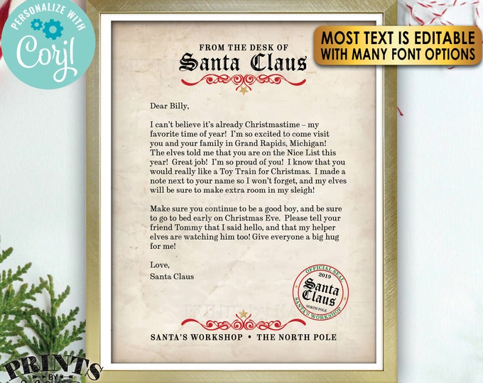 Letter from Santa Claus, Custom Santa Letter Template, One Editable PRINTABLE 8.5x11" Digital File, Old Paper <Edit Yourself with Corjl>