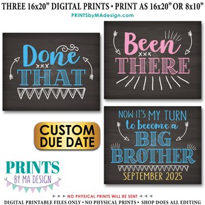 Puede incluir: Tres impresiones digitales imprimibles de 40,6 x 50,8 cm para un anuncio de nacimiento. La primera impresión dice "Done That" en azul con una flecha blanca apuntando hacia la derecha y una flecha blanca apuntando hacia la izquierda. La segunda impresión dice "Been There" en rosa con una flecha blanca apuntando hacia la derecha y una flecha blanca apuntando hacia la izquierda. La tercera impresión dice "Now it's my turn to become a big brother" en azul y amarillo con una flecha blanca apuntando hacia la derecha y una flecha blanca apuntando hacia la izquierda. La fecha "September 2025" está impresa en amarillo debajo del texto.
