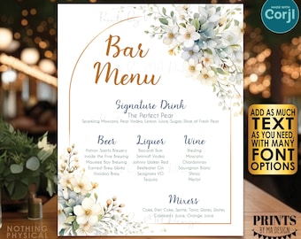 Custom Bar Menu Sign, PRINTABLE 8x10/16x20” Drinks Sign, White Flowers, Birthday Party Retirement Wedding <Edit Yourself with Corjl>